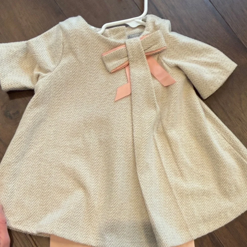 Tahari Baby Cream Dress with Pink Bow and Leggings 2T C8-004